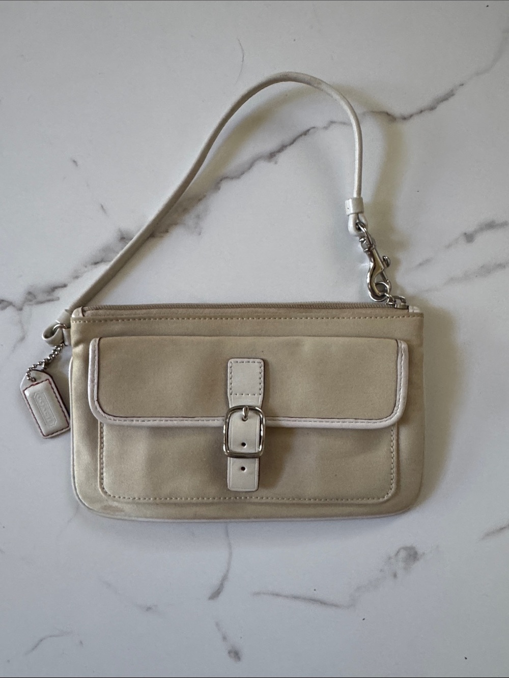 Coach Soho Ivory Canvas White Leather Wristlet with Buckle Front